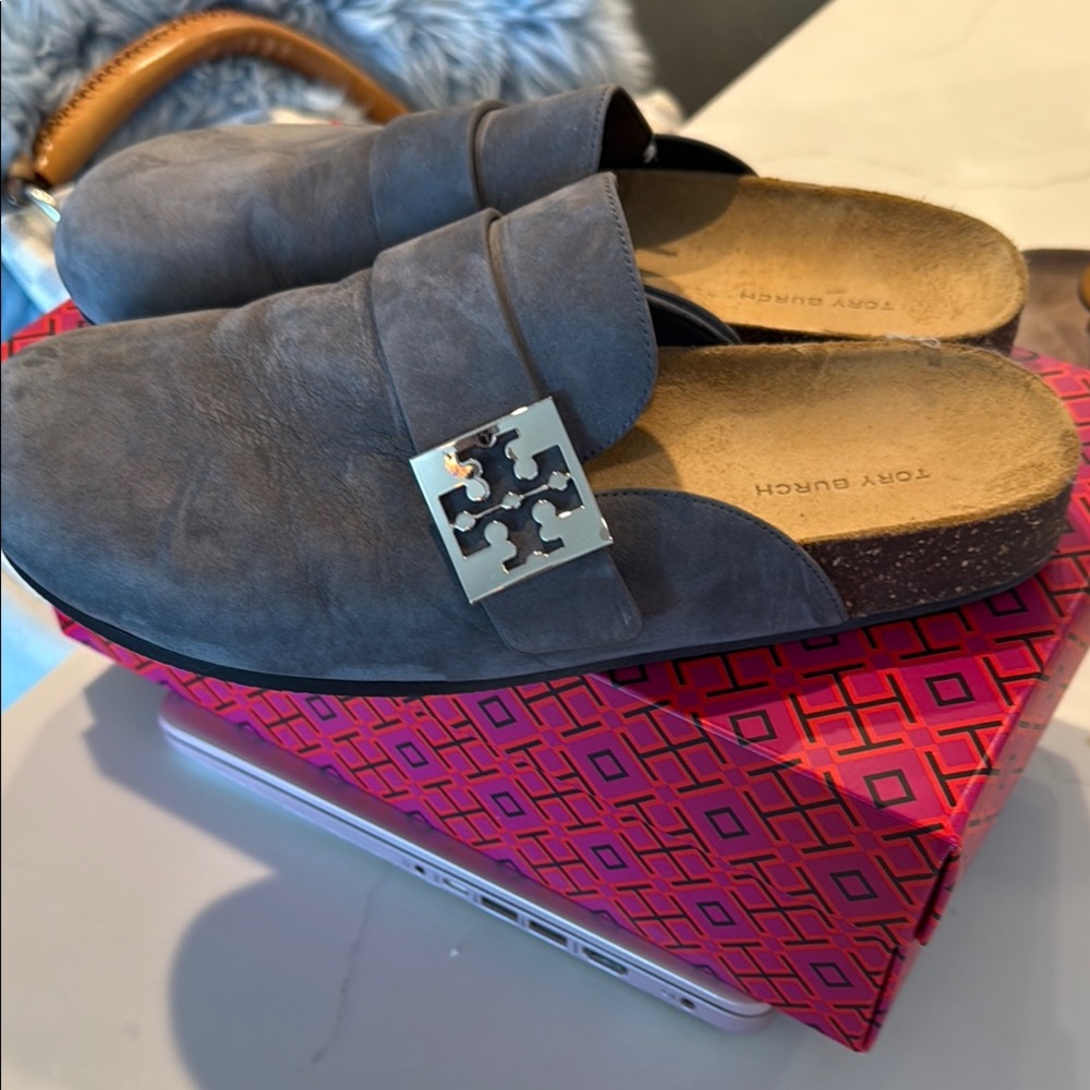 Tory Burch Gray Suede Mules